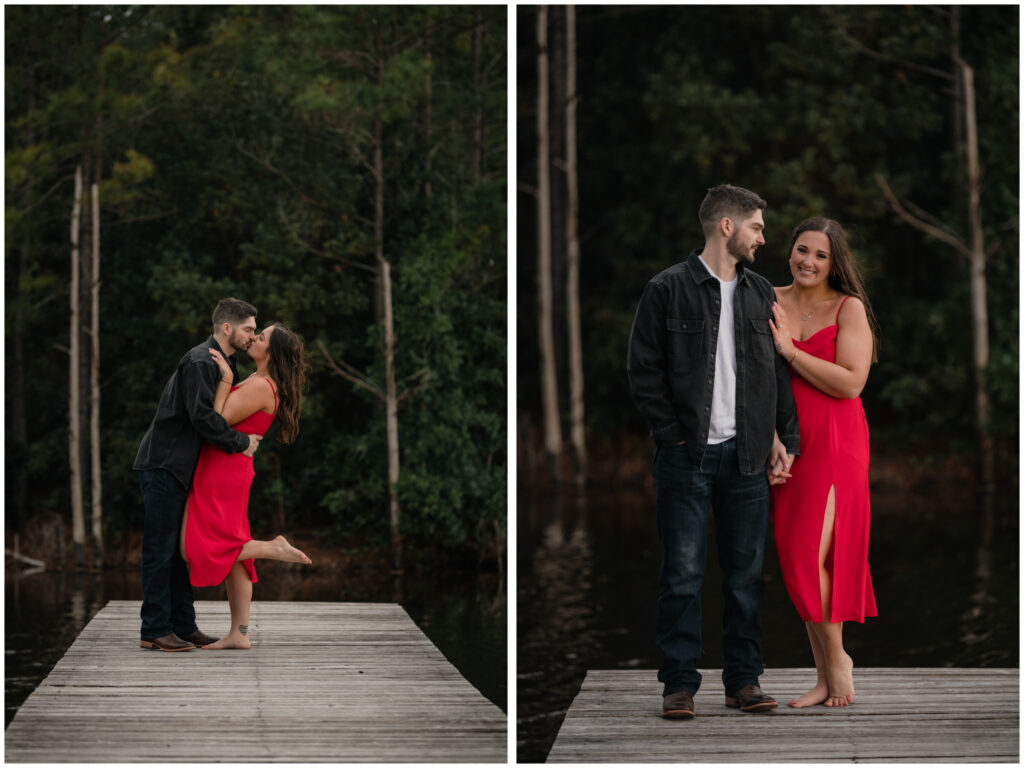 Engagement portrait of couple kissing while on a dock at sunset by Coastal Chic Studios