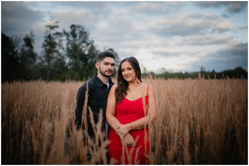 Engagement photos in a field of wheat