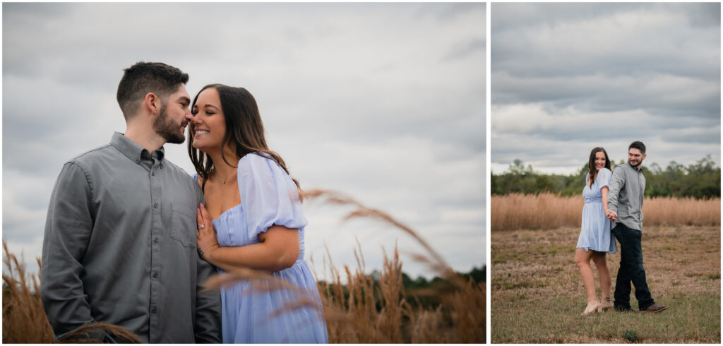 images of an Engagement portrait in a field by Coastal Chic Studios