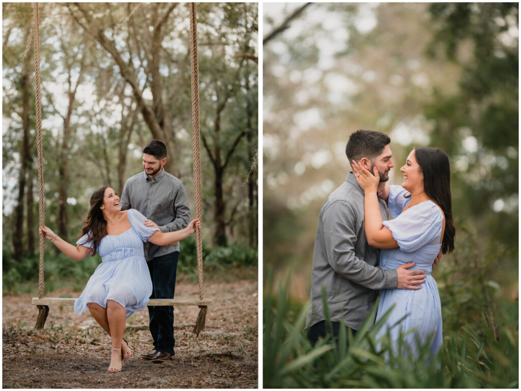 image of an Engagement portrait on a swing. Image of couple in palm fronds by Coastal Chic Studios