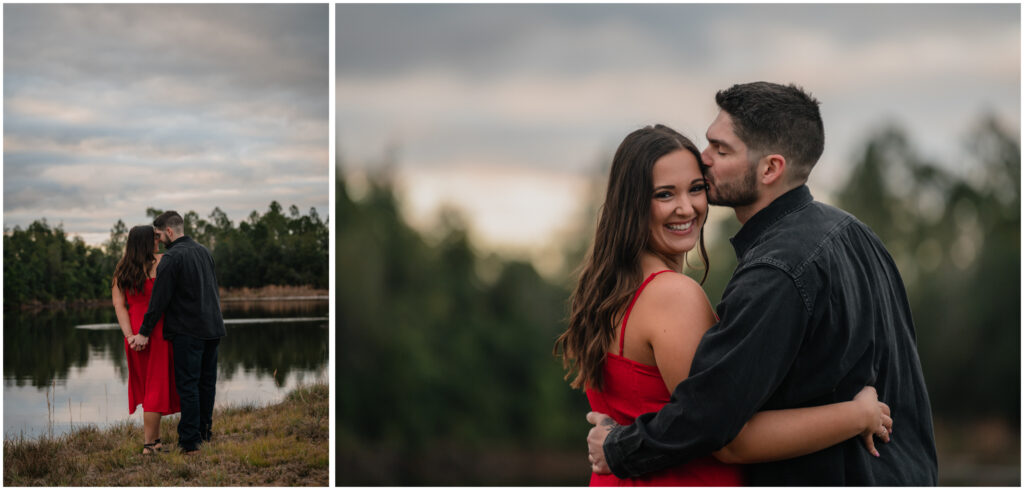 Engagement portrait of couple near a pond at sunset by Coastal Chic Studios