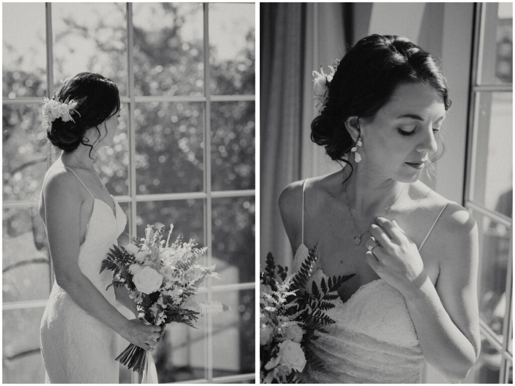 bridal portrait in widow light black and white photography